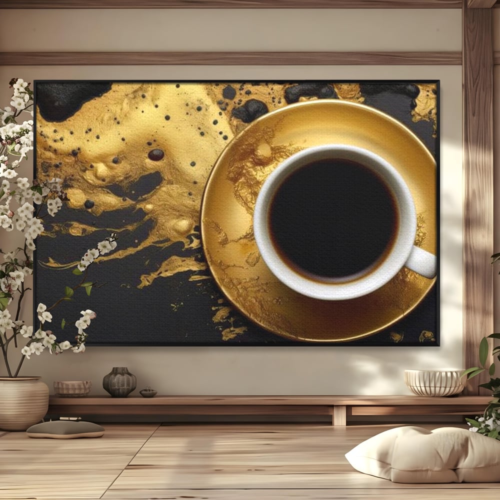 Tablou canvas cu tablou canvas cu ceasca de cafea, in rama de aluminiu negru